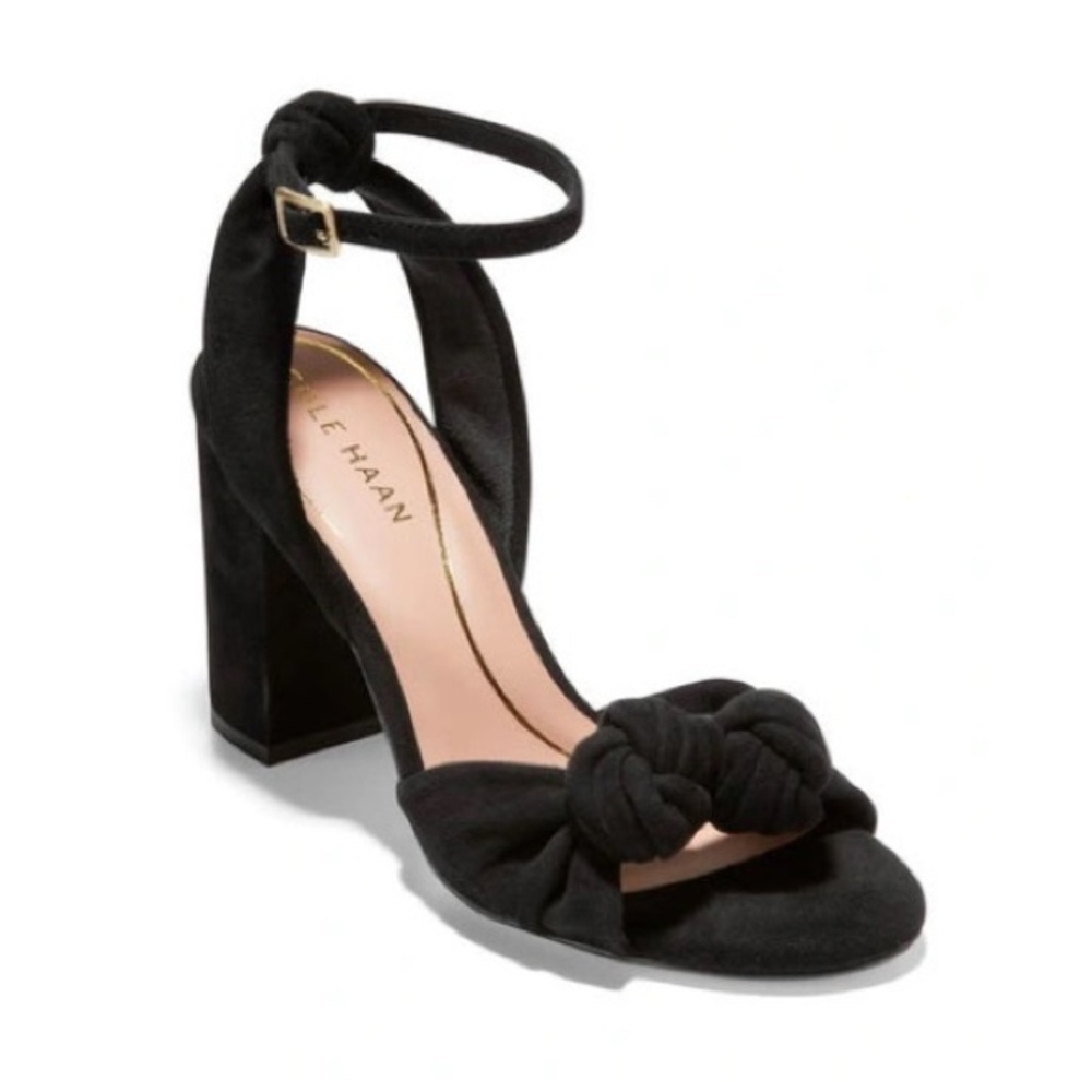 Cole Haan Kaycee Knotted Ankle Strap Sandal Black Block Heel
